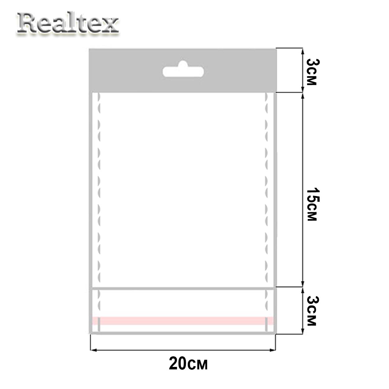 Пакеты упаковочные Realtex со скотч клапаном, подвесом и перфорацией 15*20см (200шт)